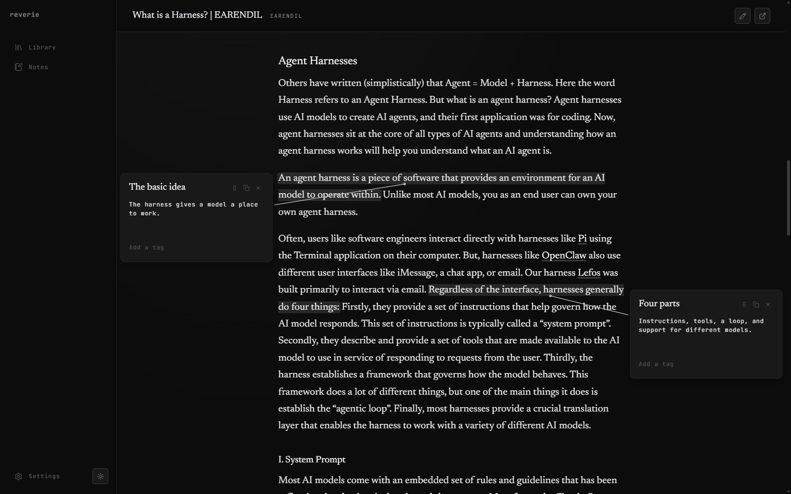An article about agent harnesses in Reverie, with highlighted passages and notes in both margins.