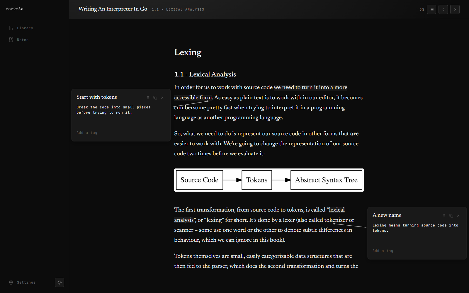 Writing An Interpreter In Go open to its chapter on lexing, with two highlights and simple notes beside the page.